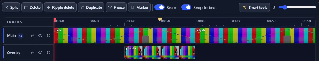 Timeline editor toolbar with Split, Delete, Ripple delete, Duplicate, Freeze and Marker buttons above Main and Overlay video tracks.